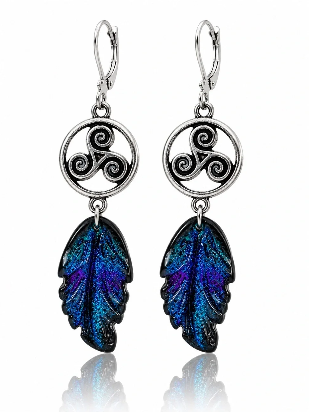 Celtic Triskelion Leaf Earrings | Iridescent Glass Dangles | Premium Leverbacks
